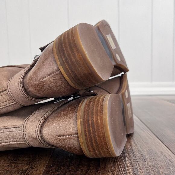 Gianni Bini Leather Moto Engineer Buckle Boot Burnished Pull On Size 8.5 Brown - Picture 10 of 15